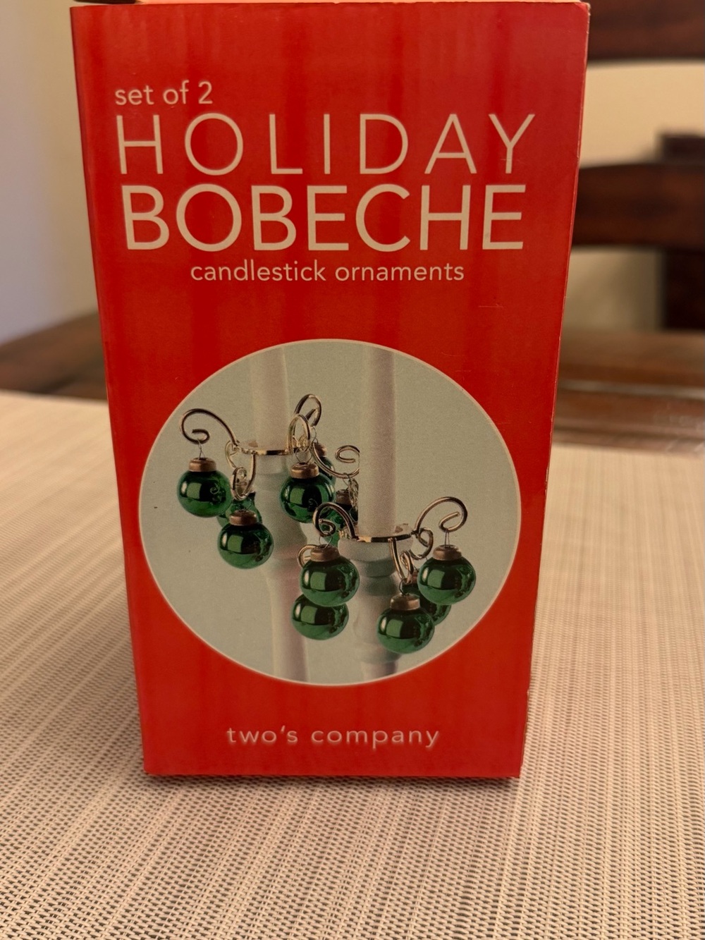 NIB Set of 2 Two's Company Holiday Bobeche Candlestick Ornaments Green Christmas
